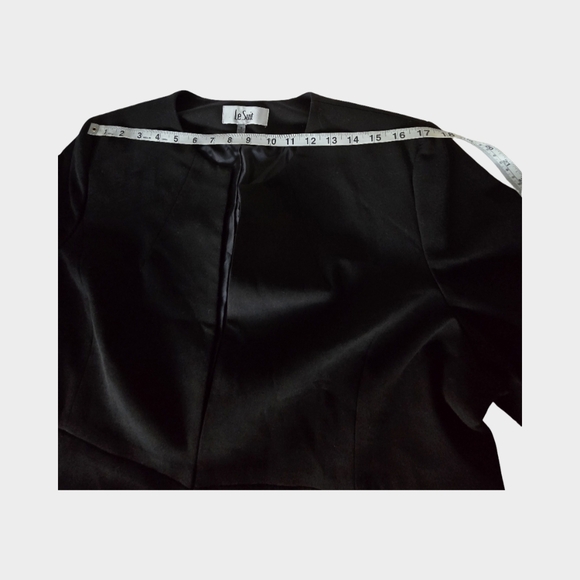 Le Suit Black Long Blazer Collarless Jacket Structured Career Minimalist Open 18 - Picture 6 of 16